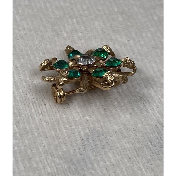 Vintage Emerald And Clear Rhinestone Gold Tone Brooch Pin Sunburst - Picture 4 of 8